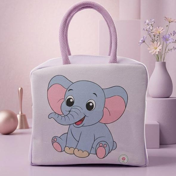 Children's bag with an elephant design on a light pink background